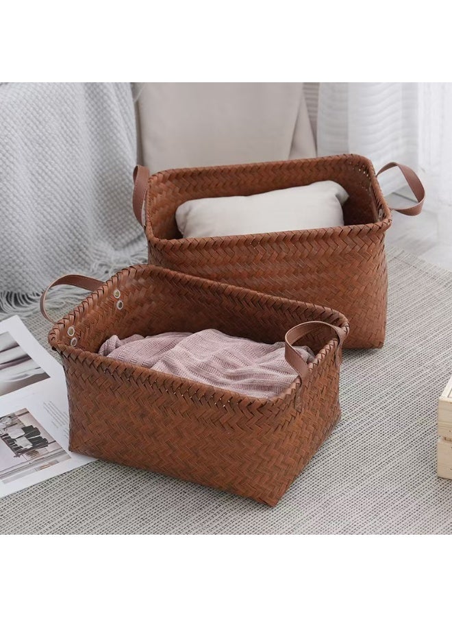 ChenDa Hand Woven Clothes Basket Laundry Basket Large Wicker Storage Basket Shelves Blanket Closet Storage Box Car Bedroom Bathroom Organizer & Storage Tub (2 Pack, Brown) - Image 5