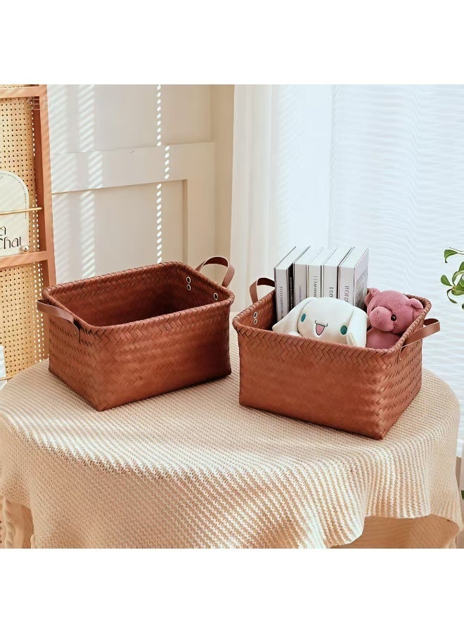 ChenDa Hand Woven Clothes Basket Laundry Basket Large Wicker Storage Basket Shelves Blanket Closet Storage Box Car Bedroom Bathroom Organizer & Storage Tub (2 Pack, Brown) - Image 2
