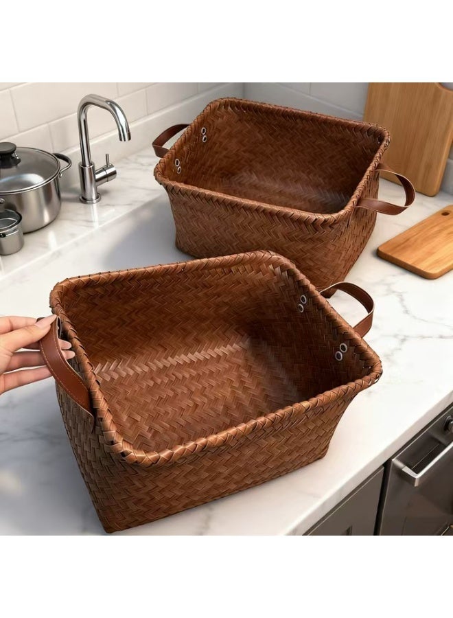 ChenDa Hand Woven Clothes Basket Laundry Basket Large Wicker Storage Basket Shelves Blanket Closet Storage Box Car Bedroom Bathroom Organizer & Storage Tub (2 Pack, Brown) - Image 4