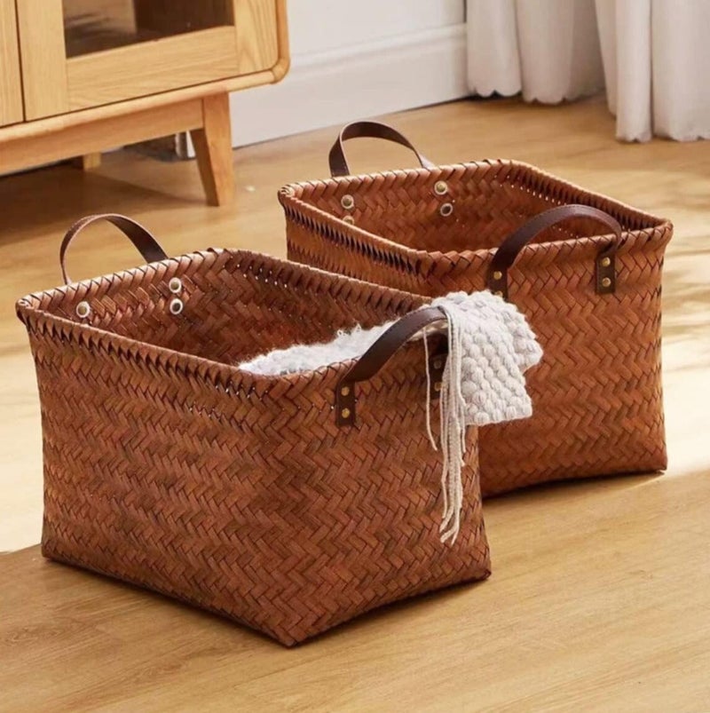 ChenDa Hand Woven Clothes Basket Laundry Basket Large Wicker Storage Basket Shelves Blanket Closet Storage Box Car Bedroom Bathroom Organizer & Storage Tub (2 Pack, Brown) - Image 1