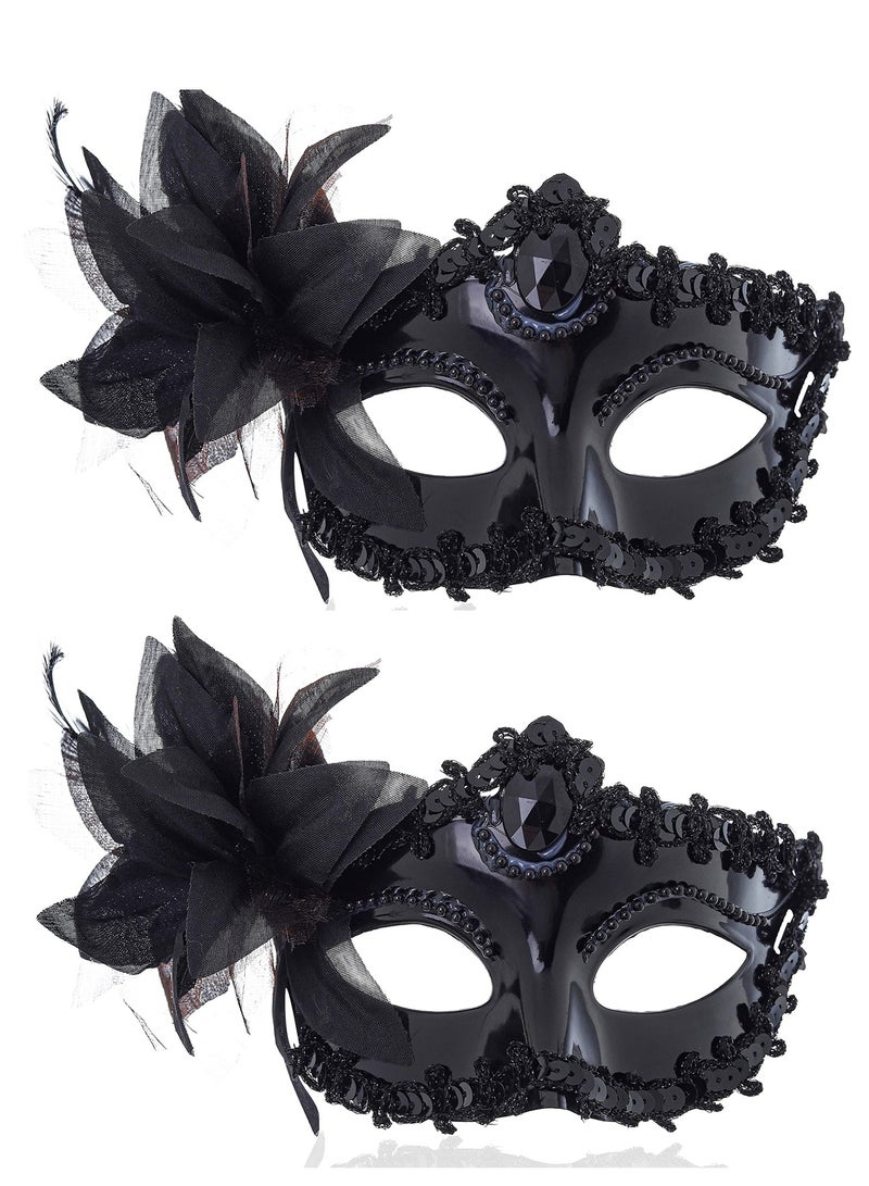 SYOSI Women Masquerade Mask 2 Pcs Black Venetian Masks Plastic Flower Party Prom Ball Costume Mardi Gras - Image 1