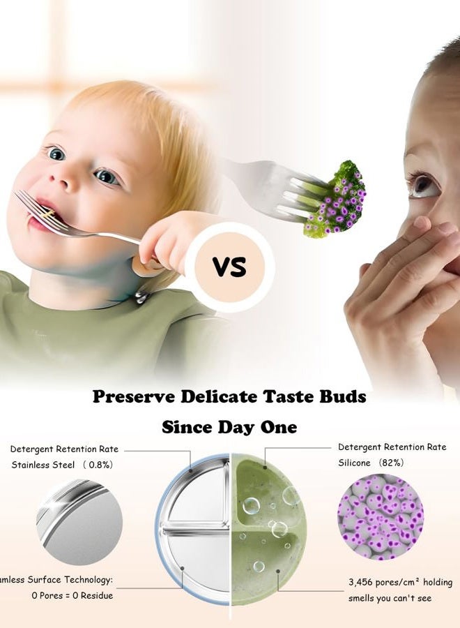 Bakpoco Stainless Steel Toddler Suction Plate with Lid, Deepened 9" Divided Plates with Removable Silicone Sleeves for Kids, Non Toxic Unbreakable Snack Dishes Set of 4, Sage Blue Beige Lilac - Image 4