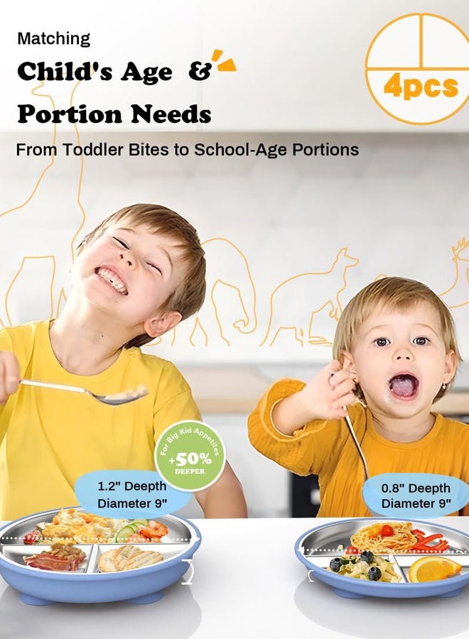 Bakpoco Stainless Steel Toddler Suction Plate with Lid, Deepened 9" Divided Plates with Removable Silicone Sleeves for Kids, Non Toxic Unbreakable Snack Dishes Set of 4, Sage Blue Beige Lilac - Image 2