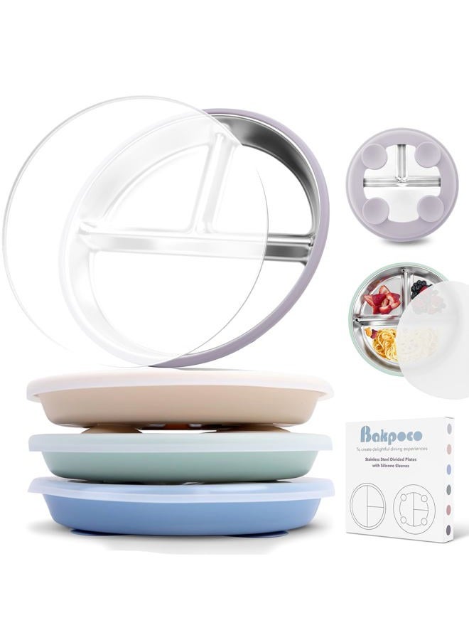 Bakpoco Stainless Steel Toddler Suction Plate with Lid, Deepened 9" Divided Plates with Removable Silicone Sleeves for Kids, Non Toxic Unbreakable Snack Dishes Set of 4, Sage Blue Beige Lilac - Image 1