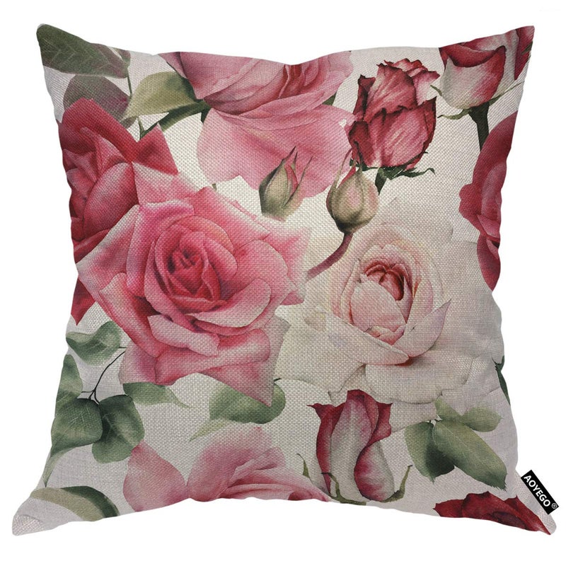 AOYEGO Watercolor Roses Throw Pillow Cover Elegant Floral Bud Petal Romantic Plant Curl Bloom Botanical Pillow Case 18x18 Inch Decorative Cotton Linen Square Cushion for Home Couch Bed