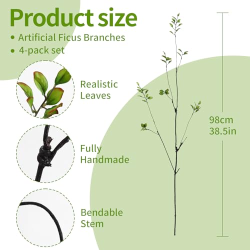 dallisten 38.5'' 4Pcs Artificial Greenery Stems Plants, Realistic Fake Ficus Twig Branches, Faux Leaf Spary Branches for Vase Filler Office Table Wedding Home Decor - Image 3