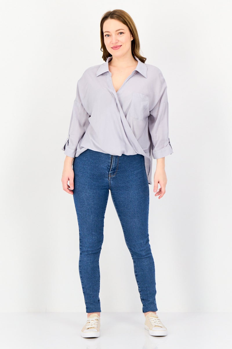 SELECTED Women Spread Collar Long Sleeve Plain Top, Grey - Image 4