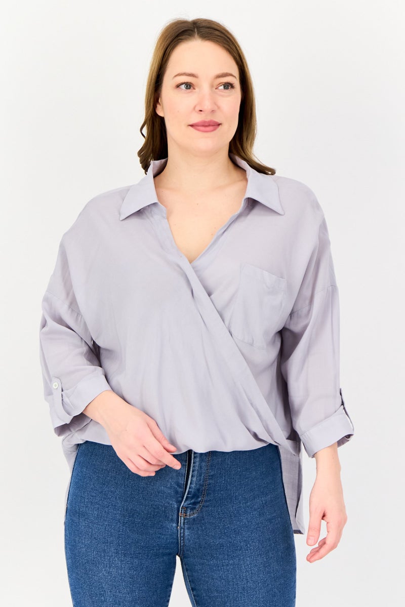 SELECTED Women Spread Collar Long Sleeve Plain Top, Grey - Image 1