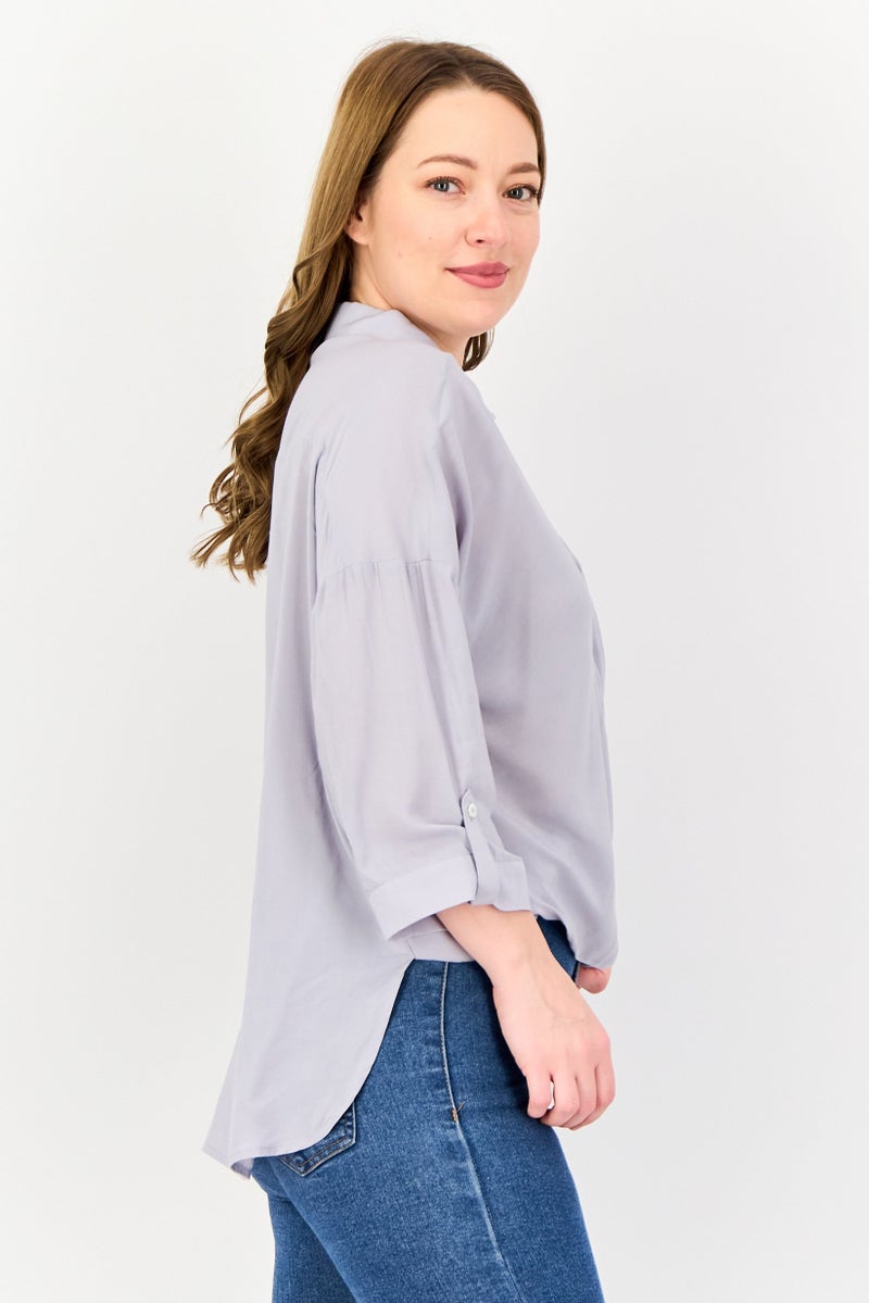 SELECTED Women Spread Collar Long Sleeve Plain Top, Grey - Image 2