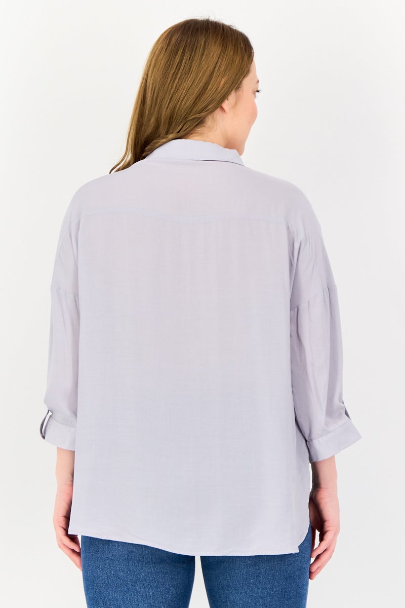 SELECTED Women Spread Collar Long Sleeve Plain Top, Grey - Image 3