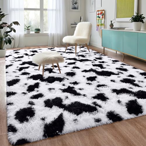 DweIke Fluffy Black White Rugs for Bedroom Living Room, 4x6 Feet Soft Plush Shaggy Cow Hide Print Girls Boys Kids Rug, Non-Slip and Machine Washable Carpet for Dorm Nursery Classroom Decor - Image 1
