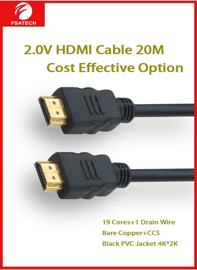 FSATECH - كابل HDMI 2.0 فائق الدقة 4K – موصلات مطلية بالذهب – HDMI إلى HDMI – الطول: 20M – 60 هرتز – 19+1 دبوس – أسود – غلاف PVC – لألعاب الفيديو، التلفاز، البروجيكتور، الكمبيوتر - Image 1
