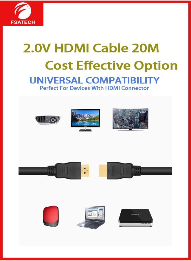 FSATECH - كابل HDMI 2.0 فائق الدقة 4K – موصلات مطلية بالذهب – HDMI إلى HDMI – الطول: 20M – 60 هرتز – 19+1 دبوس – أسود – غلاف PVC – لألعاب الفيديو، التلفاز، البروجيكتور، الكمبيوتر - Image 1