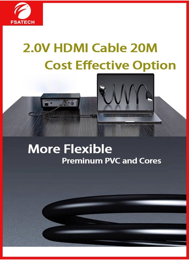 FSATECH - كابل HDMI 2.0 فائق الدقة 4K – موصلات مطلية بالذهب – HDMI إلى HDMI – الطول: 20M – 60 هرتز – 19+1 دبوس – أسود – غلاف PVC – لألعاب الفيديو، التلفاز، البروجيكتور، الكمبيوتر - Image 1
