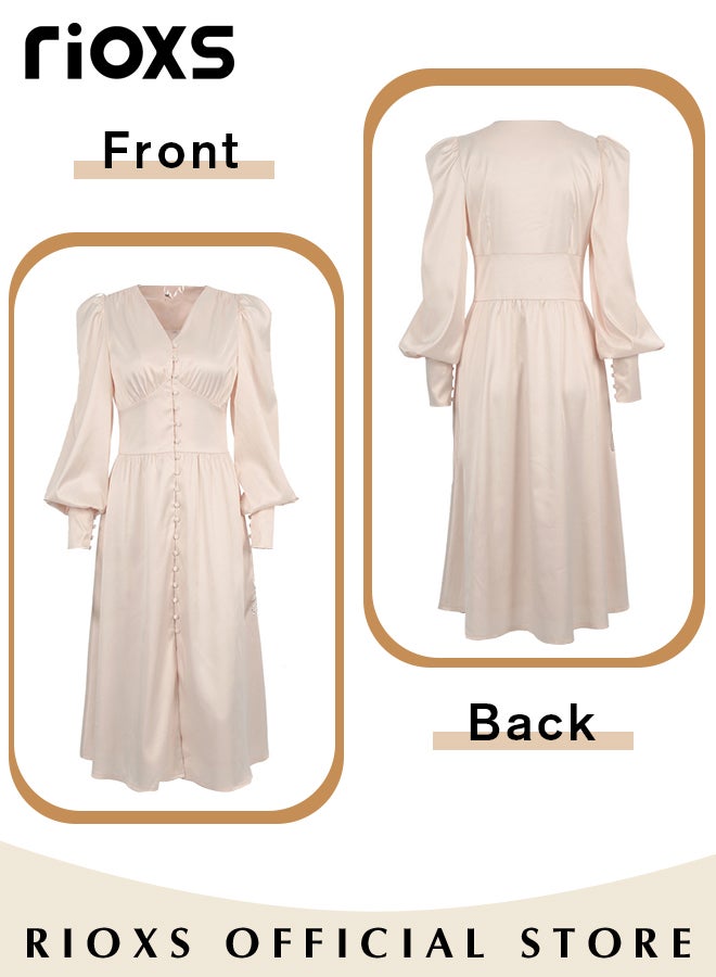 RIOXS Women's Satin Maxi Dress, Classic Chic V-neck Dress with A-line Silhouette and Lantern Sleeves, Fashionable Soft High Waist Long Dress, Perfect Dress for Casual, Wedding, Party and Daily Life  - Image 4