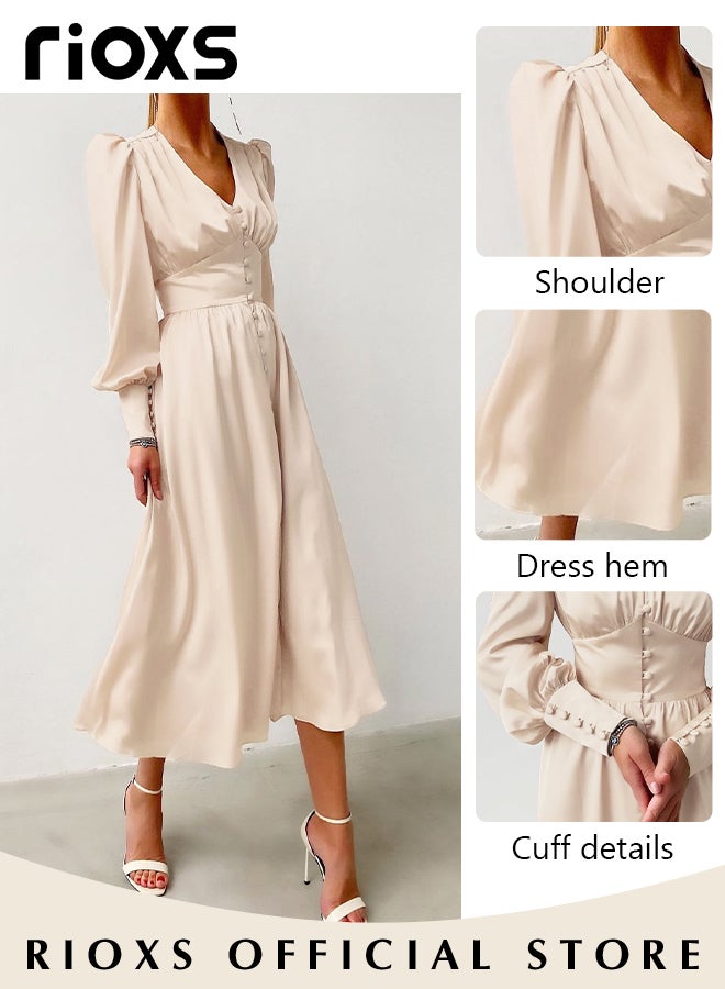 RIOXS Women's Satin Maxi Dress, Classic Chic V-neck Dress with A-line Silhouette and Lantern Sleeves, Fashionable Soft High Waist Long Dress, Perfect Dress for Casual, Wedding, Party and Daily Life  - Image 3