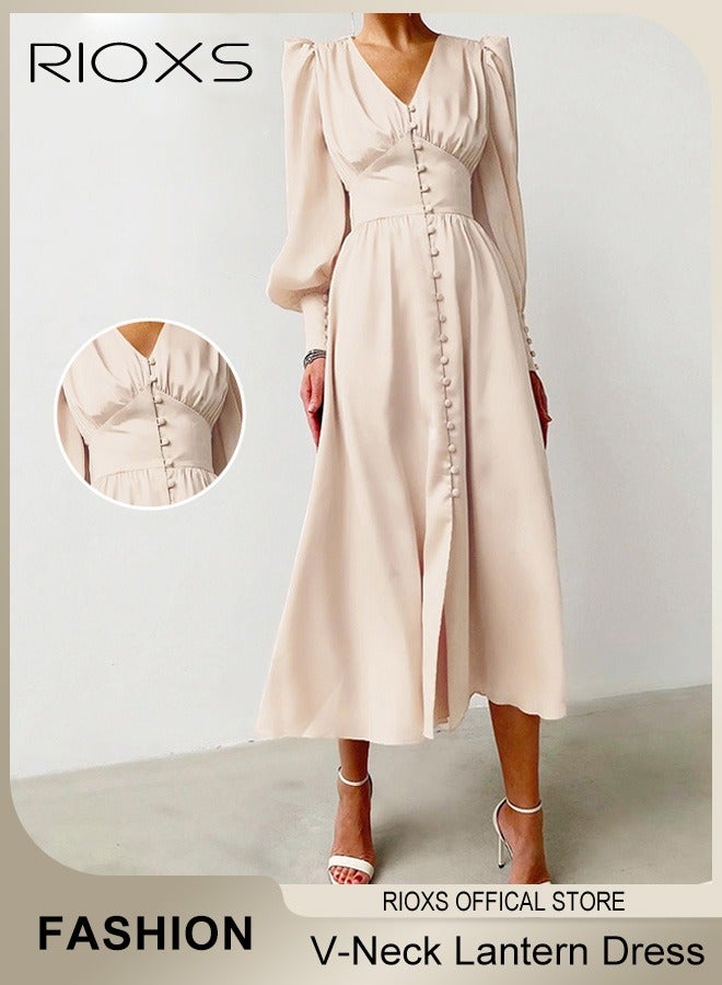 RIOXS Women's Satin Maxi Dress, Classic Chic V-neck Dress with A-line Silhouette and Lantern Sleeves, Fashionable Soft High Waist Long Dress, Perfect Dress for Casual, Wedding, Party and Daily Life  - Image 1
