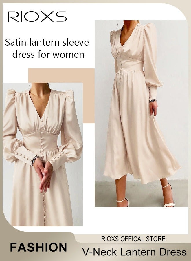 RIOXS Women's Satin Maxi Dress, Classic Chic V-neck Dress with A-line Silhouette and Lantern Sleeves, Fashionable Soft High Waist Long Dress, Perfect Dress for Casual, Wedding, Party and Daily Life  - Image 2
