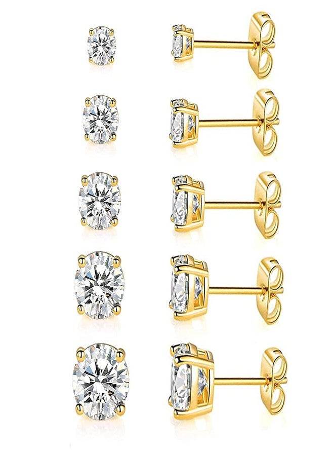 MDFUN 18K Gold Plated 4 Prong Graduated Round Clear Cubic Zirconia Stud Earring Set for Women (5 Pairs) (B-yellow gold plated) - Image 1