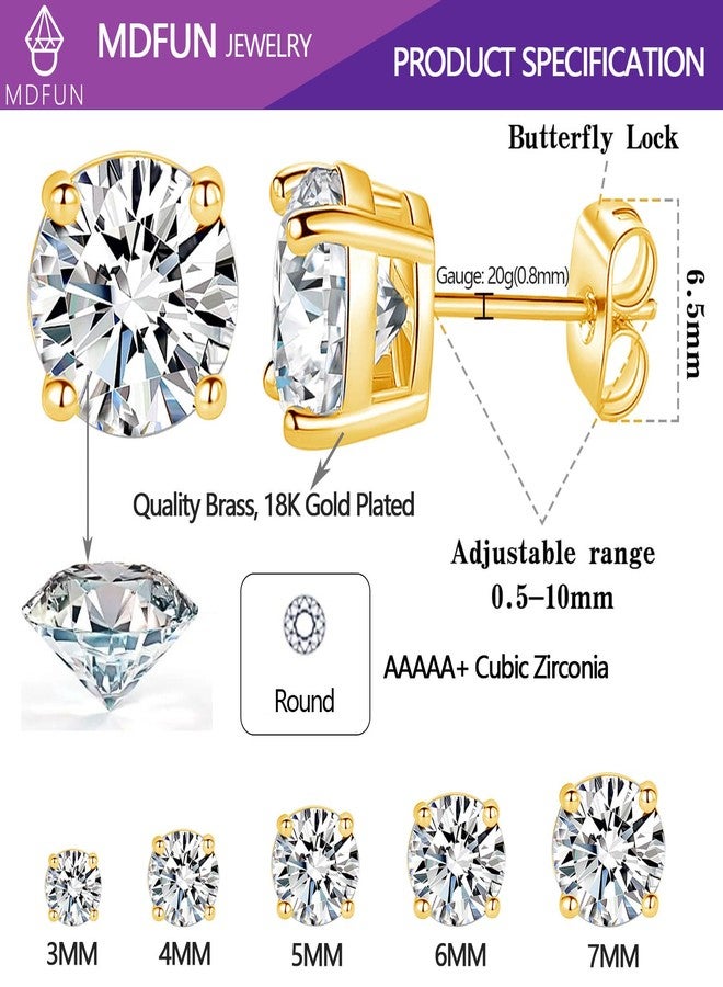 MDFUN 18K Gold Plated 4 Prong Graduated Round Clear Cubic Zirconia Stud Earring Set for Women (5 Pairs) (B-yellow gold plated) - Image 5