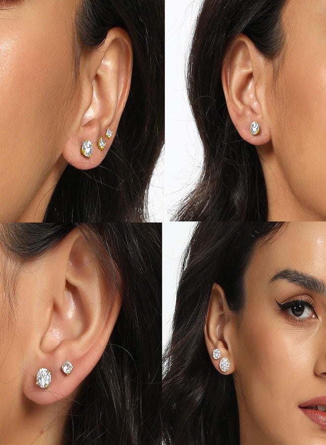 MDFUN 18K Gold Plated 4 Prong Graduated Round Clear Cubic Zirconia Stud Earring Set for Women (5 Pairs) (B-yellow gold plated) - Image 3