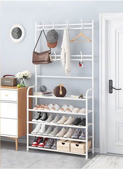 Cloak Rack with 5 Tier Shoe Rack Easy to Assemble White 165*80*25CM