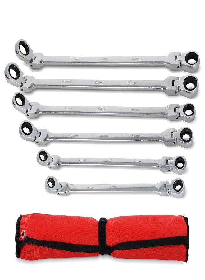 ABN Flex Head Ratcheting Wrench Set - 6pc Double Box End Wrench Set 8 to 19mm Laser Etched Steel Wrenches - Image 1