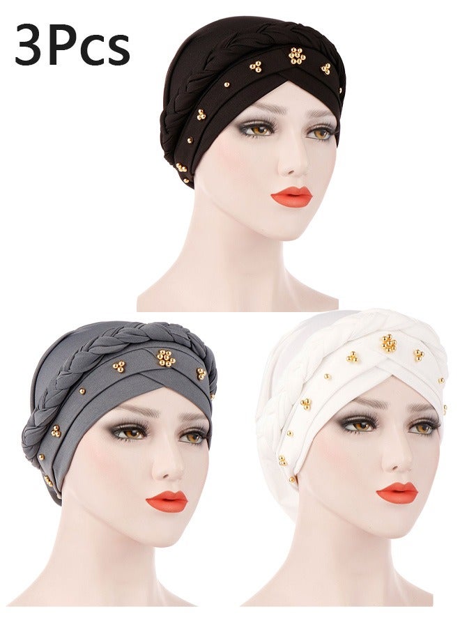 أخبار 3 PCS Spring Autumn Cap Cap Women Wrap Braid Braid Turban الإسلامية الرطوبة الرطوبة الفطرية للنساء للنساء باللون الأسود باللونين الأبيض - Image 1
