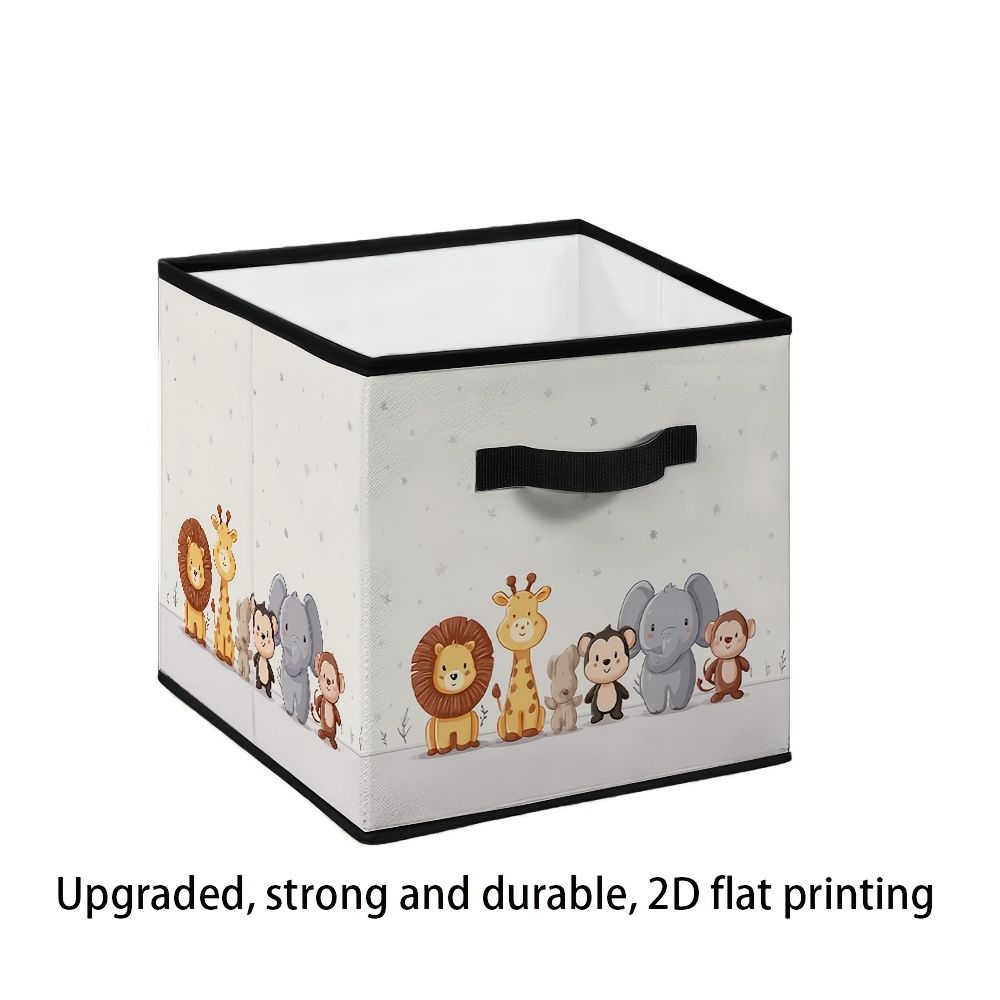 A Cute Cartoon Animal Lion Giraffe Little Elephant Monkey Little Rabbit Patterned Foldable Storage Box Shelf Basket 11 Inch Storage Basket Storage Cube With Handles For Organizing Home
