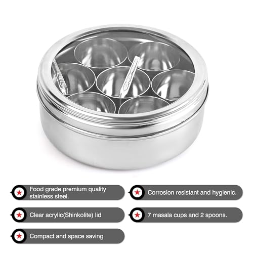 Konquer TimeS Stainless Steel Masala (Spice) Box/Dabba/Organiser with See Through Lid with 7 Containers and Small Spoon (Plain -Small) - Image 2