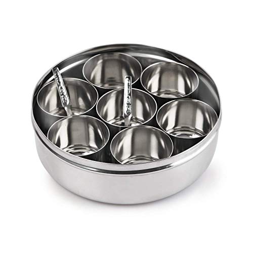 Konquer TimeS Stainless Steel Masala (Spice) Box/Dabba/Organiser with See Through Lid with 7 Containers and Small Spoon (Plain -Small) - Image 4