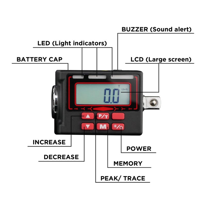 KAIFNT K552 Digital Torque Adapter, 3/8-Inch 5 to 100 ftÂ·lbs, Buzzer/LED Flash Notification, Dual Direction - Image 2