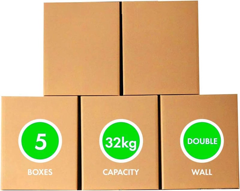 HOOJO® 5-Ply Corrugated Shipping Boxes – Pack of 5 – 45 x 45 x 70 cm – Double Wall Cardboard Cartons – Heavy Duty Packing Boxes for Moving, Storage & Shipping – Holds up to 32 kg (LARGE) - Image 1