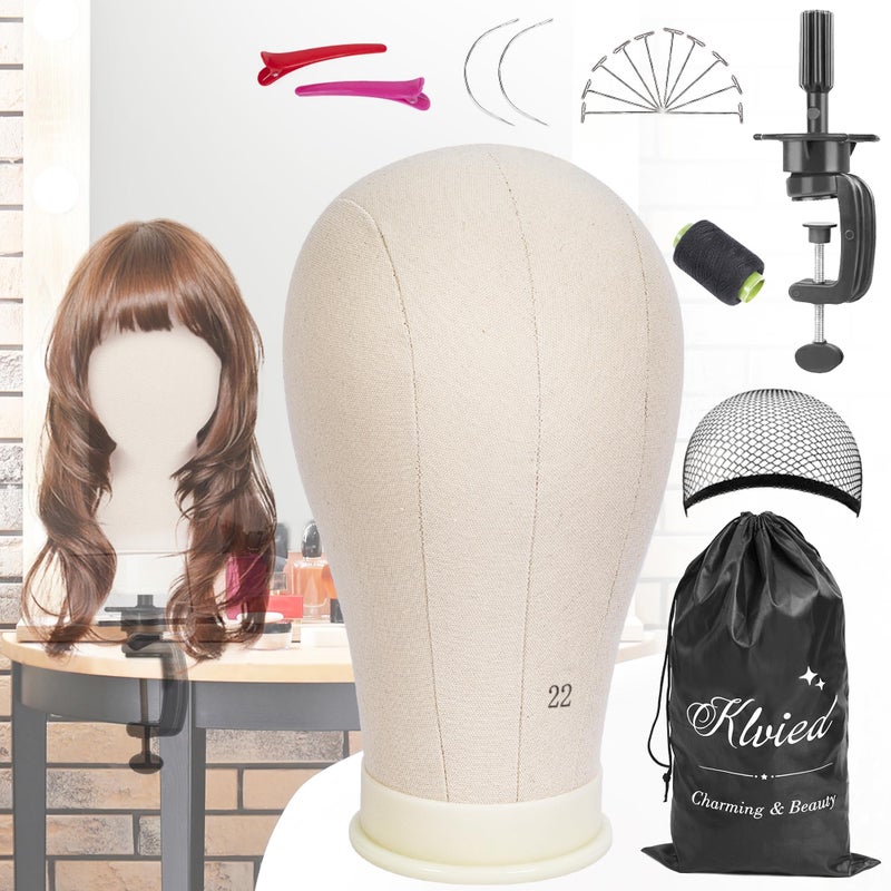 Klvied 22 Inch Cork Canvas Block Head Mannequin Head for Wigs Wig Head Stand for Display Styling Wigs Making Kit Including Doll Head Storage Bag