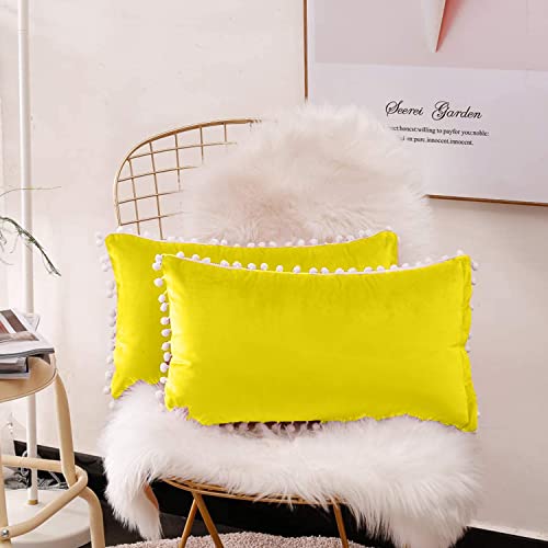 CottonFry Set of 2 Cushion Covers/Throw Pillow Covers Size 12"X18" Inches with Pom Poms, Soft Square Velvet Pillowcases Home Decor (Lyellow, Pack of 2) - Image 1