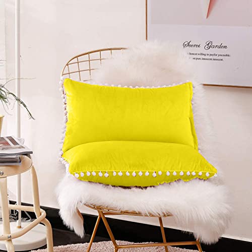 CottonFry Set of 2 Cushion Covers/Throw Pillow Covers Size 12"X18" Inches with Pom Poms, Soft Square Velvet Pillowcases Home Decor (Lyellow, Pack of 2) - Image 2