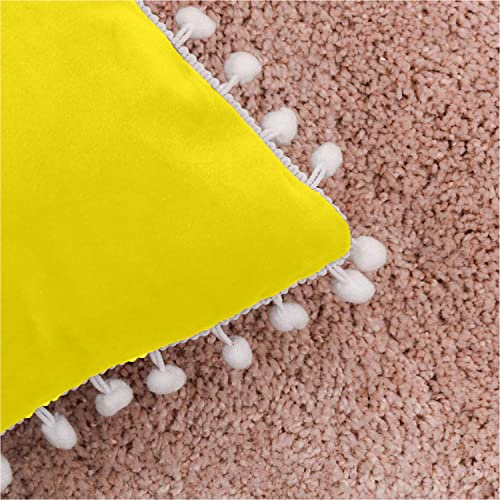 CottonFry Set of 2 Cushion Covers/Throw Pillow Covers Size 12"X18" Inches with Pom Poms, Soft Square Velvet Pillowcases Home Decor (Lyellow, Pack of 2) - Image 4