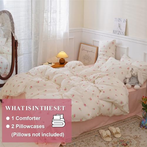 Erwinmu Floral Comforter Set Queen Size - 3 Pieces Pink White Floral Comforter Bedding Sets Tulips Pattern,Queen Bed in a Bag with Heart Comforter and 2 Pillowcases - Image 5