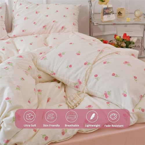 Erwinmu Floral Comforter Set Queen Size - 3 Pieces Pink White Floral Comforter Bedding Sets Tulips Pattern,Queen Bed in a Bag with Heart Comforter and 2 Pillowcases - Image 3