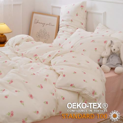Erwinmu Floral Comforter Set Queen Size - 3 Pieces Pink White Floral Comforter Bedding Sets Tulips Pattern,Queen Bed in a Bag with Heart Comforter and 2 Pillowcases - Image 4