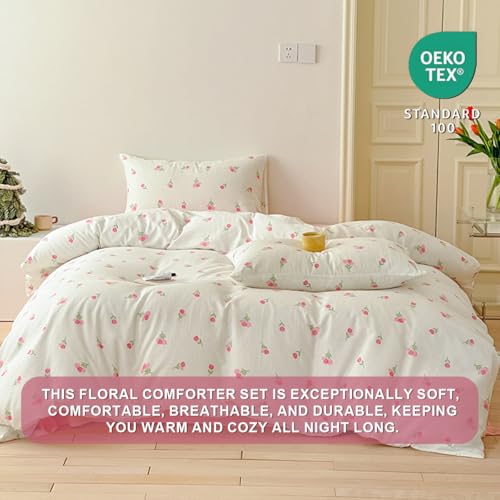 Erwinmu Floral Comforter Set Queen Size - 3 Pieces Pink White Floral Comforter Bedding Sets Tulips Pattern,Queen Bed in a Bag with Heart Comforter and 2 Pillowcases - Image 2