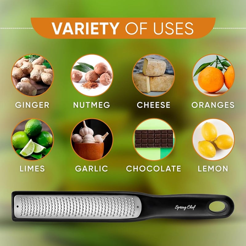 Spring Chef مبشرة ليمون مميزة مع مقبض - فواكه، ثوم، شوكولاتة، جوزة الطيب، زنجبيل - أداة مطبخ قوية - مبشرة حمضيات من الفولاذ المقاوم للصدأ مع غطاء شفرة - تقطيع ناعم، أسود - Image 5
