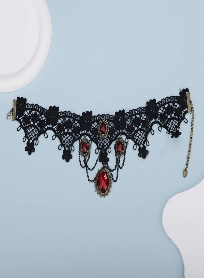 BERYUAN Edwardian Vampire Gothic Lace Pendant Choker Black Lace with Red Stone Neck Chain Halloween Accessories for Women(black 5) - Image 5