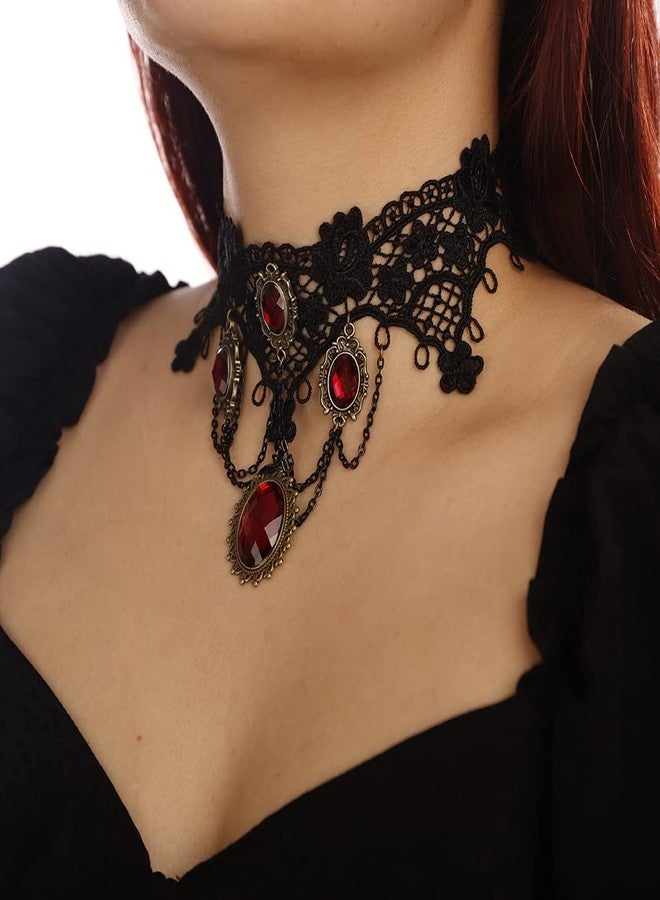 BERYUAN Edwardian Vampire Gothic Lace Pendant Choker Black Lace with Red Stone Neck Chain Halloween Accessories for Women(black 5) - Image 4