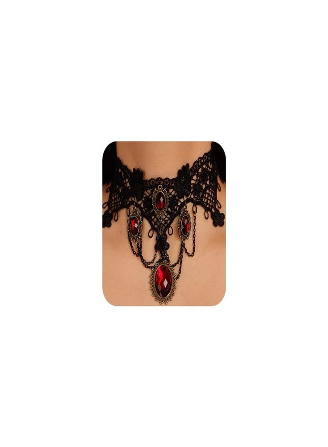 BERYUAN Edwardian Vampire Gothic Lace Pendant Choker Black Lace with Red Stone Neck Chain Halloween Accessories for Women(black 5) - Image 1