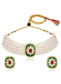 PEORA Peora Gold Plated Green White Synthetic Stone & Beads Studded Meenakari Necklace Stud Earrings Fashion Jewellery Set for Women & Girls  - Image 3