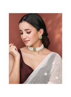 PEORA Peora Gold Plated Green White Synthetic Stone & Beads Studded Meenakari Necklace Stud Earrings Fashion Jewellery Set for Women & Girls  - Image 2