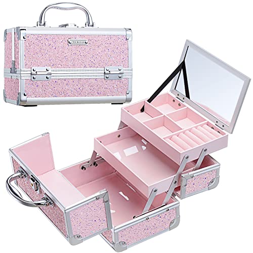 FRENESSA Makeup Case Organizer Portable Makeup Train Case Cosmetic Box with Mirror Jewerly Tray for Girls Nail Supplies Make Up Cases Organizers and Storage Kids Craft Case Pink