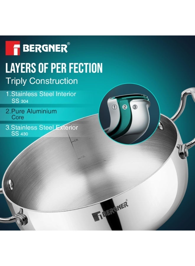 Bergner Argent Saira Saiba Triply Stainless Steel 3 Pcs Cookware Set - 22 cm (2.5 L) Multi Frypan, 22 cm (3 L) Casserole and Common Stainless Steel Lid, Cook and Serve, Less Oil Use - Induction Bottom - Image 4