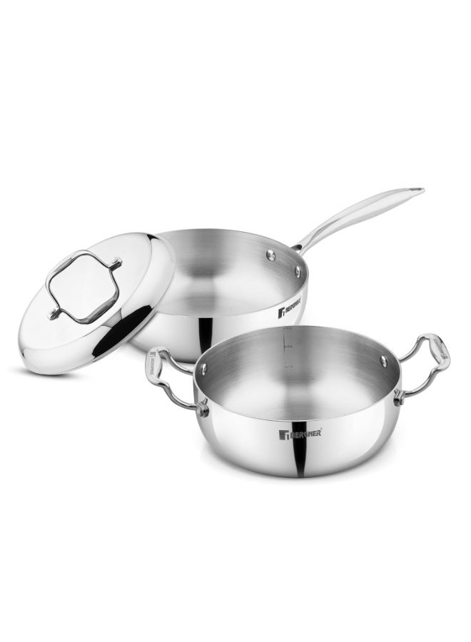 Bergner Argent Saira Saiba Triply Stainless Steel 3 Pcs Cookware Set - 22 cm (2.5 L) Multi Frypan, 22 cm (3 L) Casserole and Common Stainless Steel Lid, Cook and Serve, Less Oil Use - Induction Bottom - Image 1